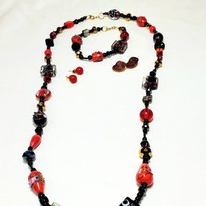 Vintage 4 pc Glass Bead 27" Strand Necklace Pierced Earring & Bracelet Set JY878